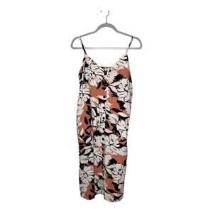 Forever 21 Linen Blend Midi Dress Womens Medium Pink Brown Floral Button Up